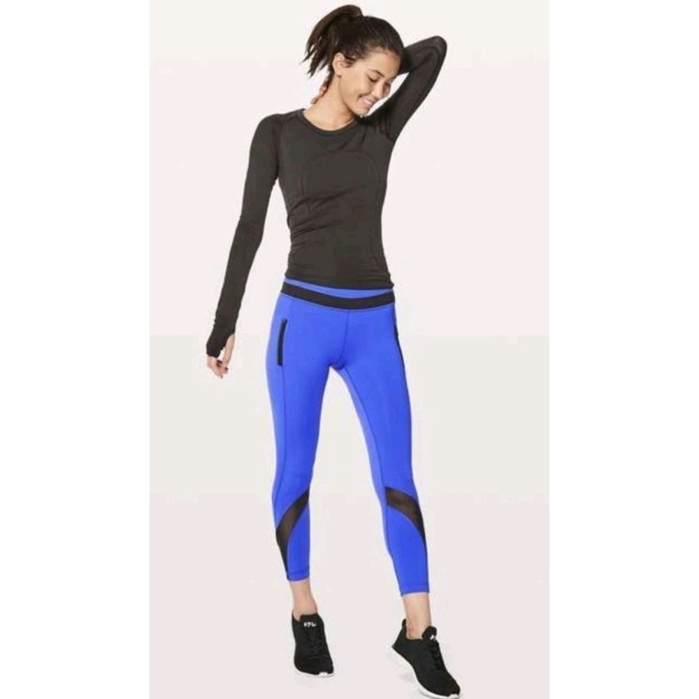 Lululemon Inspire Tight II Bright Blue Women's Sz 2 Zip Pockets Mesh Black EUC